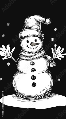 Hand drawn sketch of winter snowman with carrot nose, scarf, mitten like stick arms, buttons and pom pom hat surrounded by falling snowflakes on black background