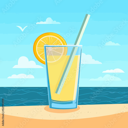 Glass of lemonade with straw and lemon slice on sandy beach by sea under blue sky with clouds and seagull vector illustration flat minimalism style