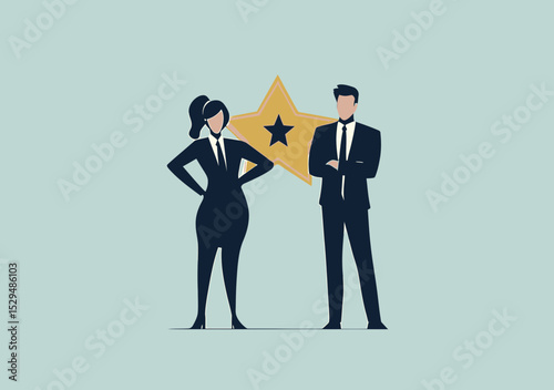 Successful business people standing confidently with star award symbolizing achievement excellence and professional success in minimalist flat style vector illustration