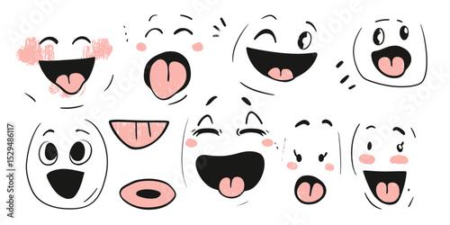 Set of nine cartoon smiling and funny playful mouth expressions with tongues and blushing cheeks in minimalist doodle style vector illustration