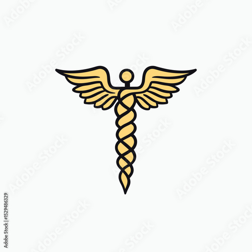 Minimalist flat vector caduceus medical symbol with gold snakes and wings icon for healthcare and medicine concept design