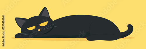 Minimalist flat style black cat lying down with relaxed sleepy eyes on yellow background vector illustration