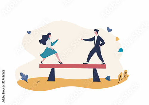 Businessman businesswoman balance equal seesaw teamwork equality concept flat vector illustration with minimalistic background elements and colors