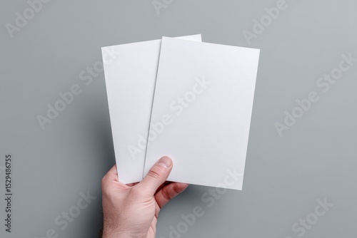 Hand holds two blank white flyers on gray background