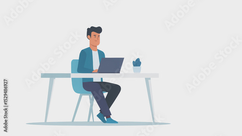 hybrid work man working on laptop at home desk illustration.