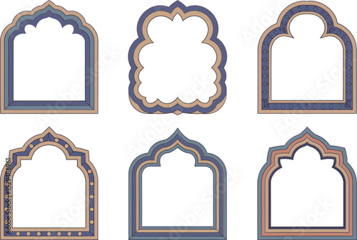 Classic arch and ornate frames. Mix of solid border, heritage shapes and oriental line art for document layout  