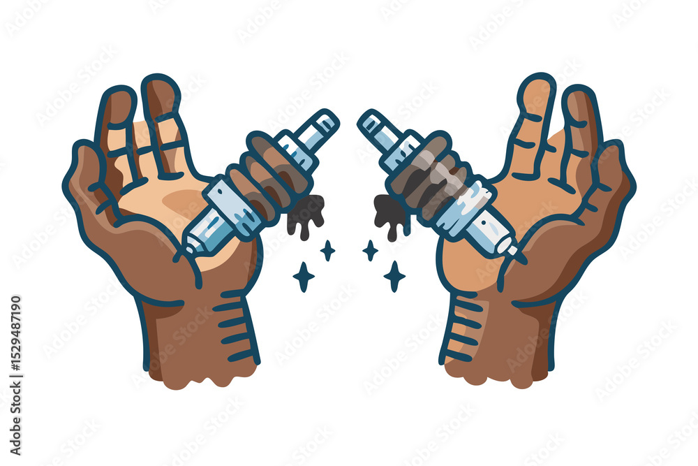 Obraz premium Dirty Hands Holding Spark Plugs A Mechanic's Tale