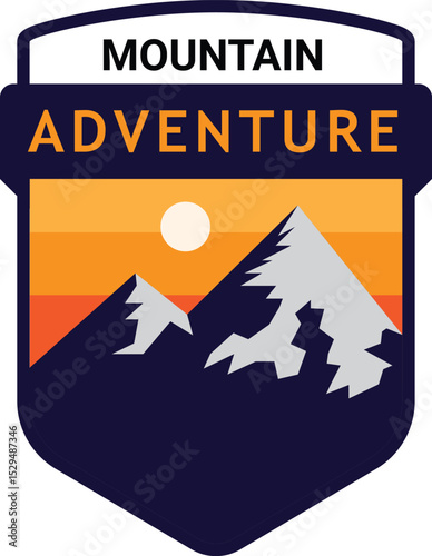 Outdoor badge with mountain and sunset