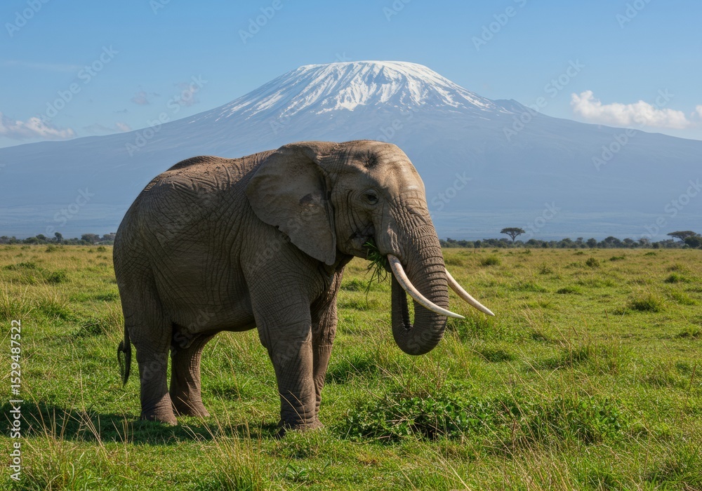 Obraz premium A majestic elephant roams the African plains with the towering Kilimanjaro mountain in the distance, capturing the raw beauty of wildlife and nature. Sunrise casts a golden glow.