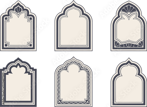 Traditional vintage frame icons. Monochrome cream and navy arch labels for certificate and layout design use  