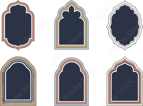 Dark themed frame collection. Navy and gold arch borders with elegant inner space for title design and print labels  