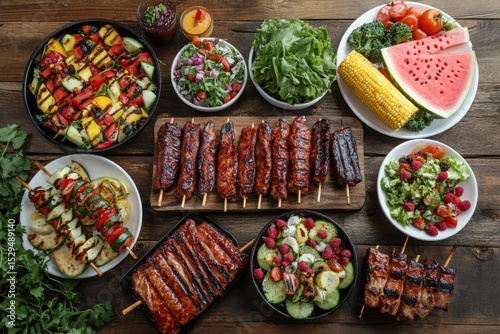Assorted grilled food with salads and fruits on a wooden table for catering, picnic, or summer party use cases