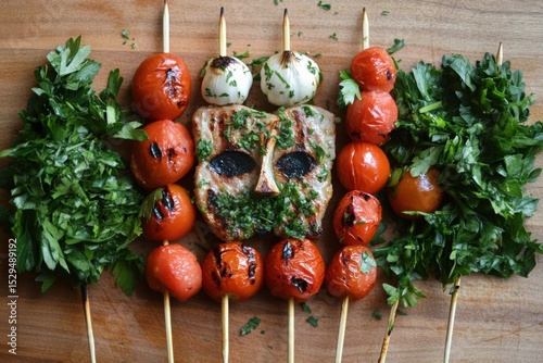 Grilled skewers with meat, tomatoes, garlic, and parsley on a wooden board for food photography, cooking blogs, and recipe websites