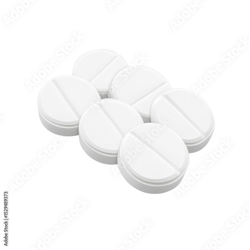 Close-up of Six White Pills Arranged on a White Background
