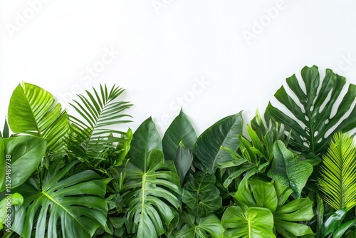 Lush green tropical foliage arrangement on bright background for wallpaper, banner, or card design use cases.
