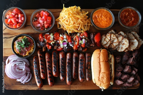 Grilled meat platter with toppings and sauces on a wooden board for catering, food presentation, and culinary events.