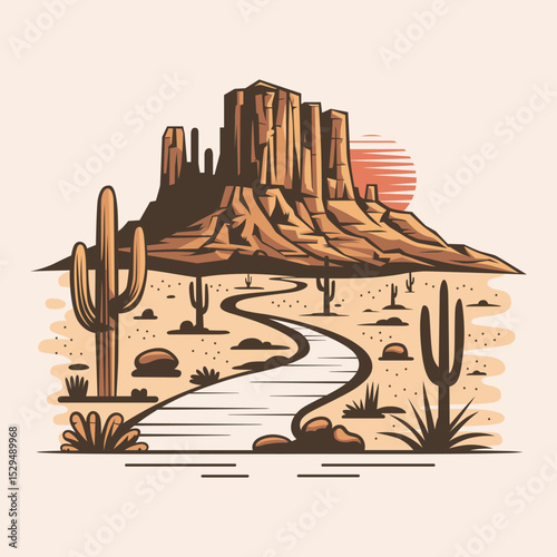 Desert landscape illustration with a distinctive mesa