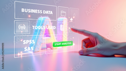 Finger Tapping Futuristic AI Interface to Start Business Data Analysis with SPSS and SAS