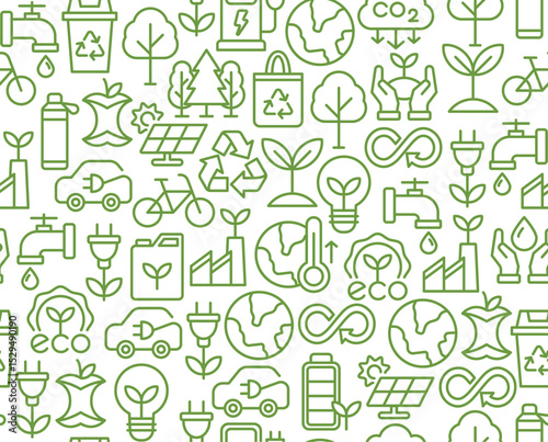 Seamless sustainability pattern with eco-friendly icons such as solar panel, recycling, electric car, and green energy in linear style. Ideal for backgrounds, packaging, and print.