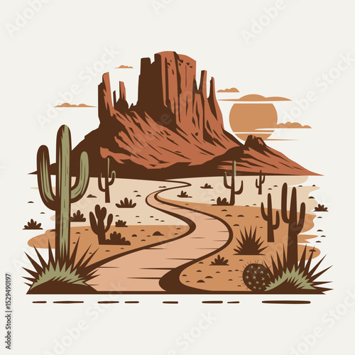 A stylized illustration of a desert landscape
