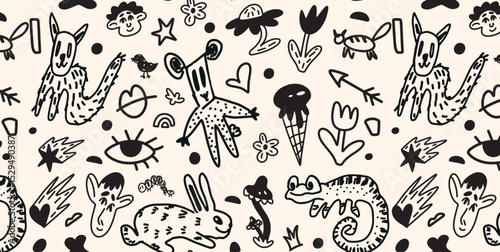 Seamless pattern with cartoon animals, monsters, plants and abstract elements in childish black ink doodle style. Creative hand drawn design for kids. Vector illustration.