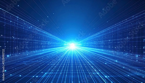 Futuristic, abstract blue digital space with lines converging to a bright light