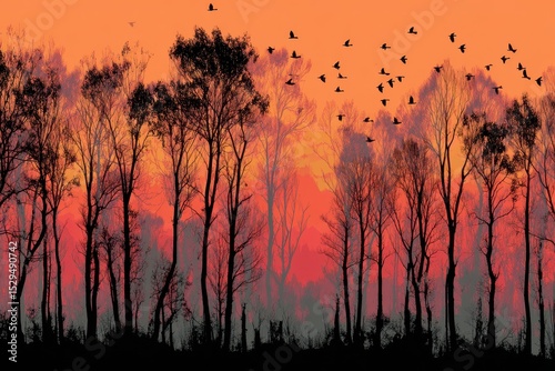 Sunset Silhouette: Trees and Birds