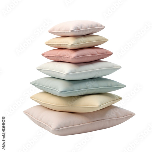 Stack of soft pastel pillows arranged in a stable pyramid structure on a transparent background