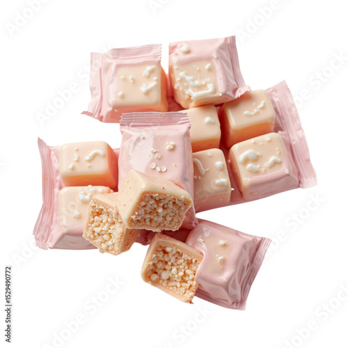 Stack of pink foil wrapped square chocolate bars with crunchy filling on transparent background PNG image