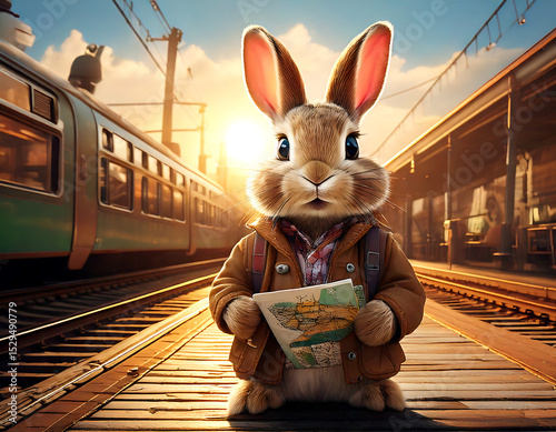 Cartoon rabbit waiting for a train on the sunny railway station