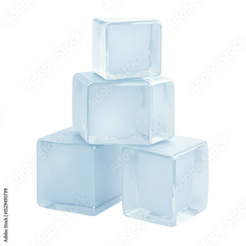 Stack of translucent melting ice cubes isolated on a transparent background for cold beverage concepts