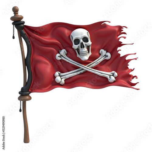 Striking red pirate flag with classic white skull and crossbones on dark background