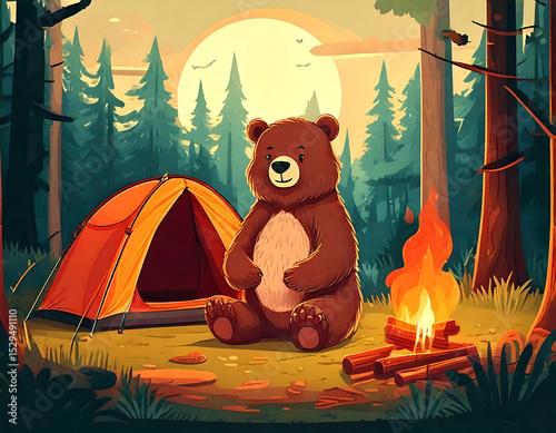 Happy bear camping in the forest with a tent and campfire