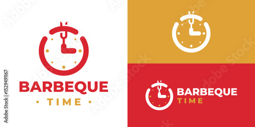 Creative simple barbeque time logo template. Clock with fork sausage logo design vector illustration.