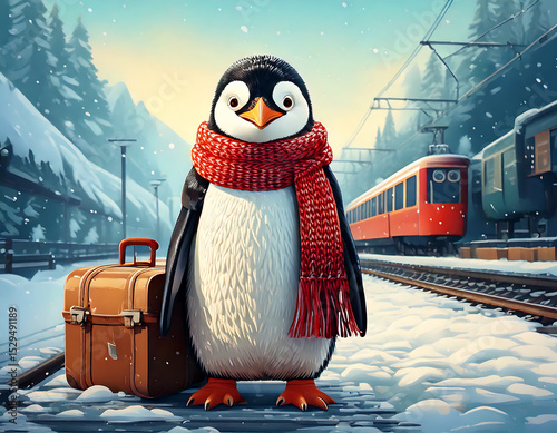 Penguin with a wool scarf and suitcase standing on a snowy train platform