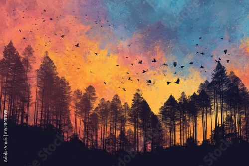 Sunset Forest Silhouette with Birds