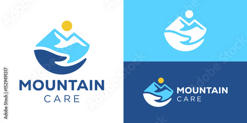 Creative simple mountain care logo template. Hand with mountain for Sustainable nature logo design vector illustration.
