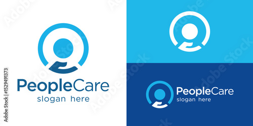 Creative simple people care logo template. Abstract hand with people, person, human logo design vector illustration.