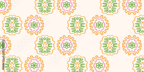Seamless Pattern with Hand Drawn Green and Pink Floral Shapes. Naive Symmetrical Design in Watercolor Style. Decorative Botanical Motifs for Wrapping Paper, Wallpaper, Textile. Vector Illustration