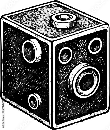 Solid vintage box camera featuring twin lenses and a top viewfinder, rendered in minimalist isometric sketch