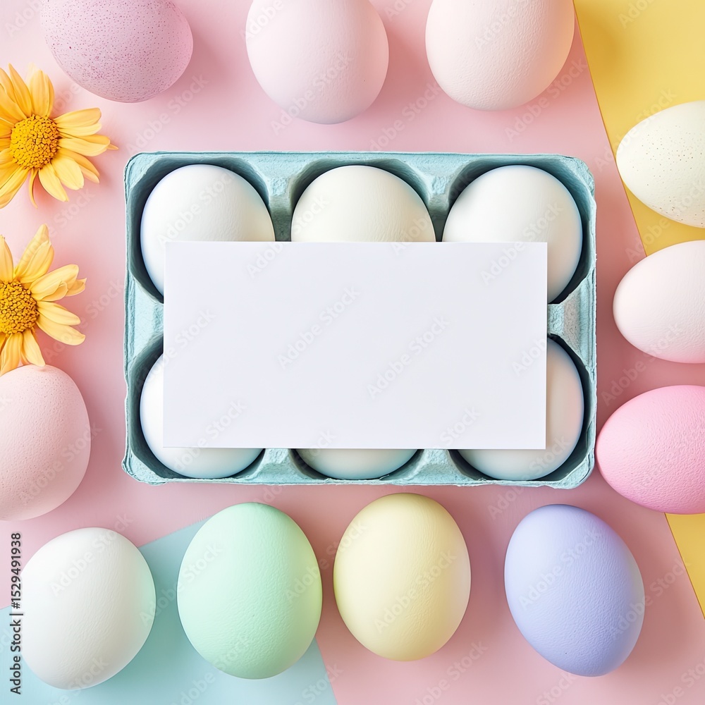 Fototapeta premium Pastel-colored Easter eggs in a light-blue egg carton, with a blank card in the center, surrounded by more eggs and yellow flowers