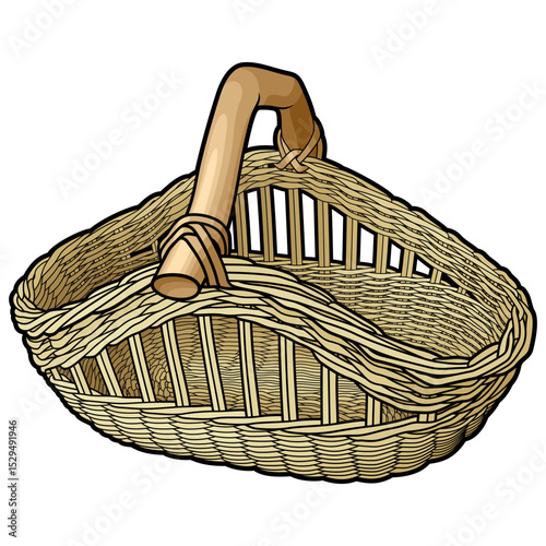 Cartoon hand drawn wicker basket isolated on white background. Vector doodle illustration
