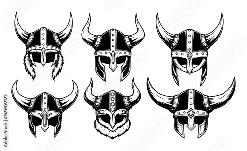detailed set of hand drawn viking helmets