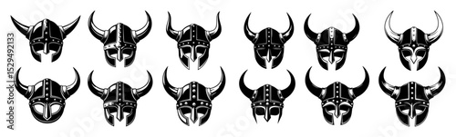 collection of horned viking helmets in black and white