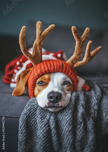 Festive dog in reindeer antlers