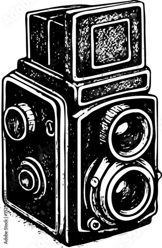 Detailed twin-lens reflex camera with front dials and a waist-level viewfinder in isometric black and white