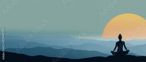 Wellness banner silhouette woman meditating mountain sunrise.