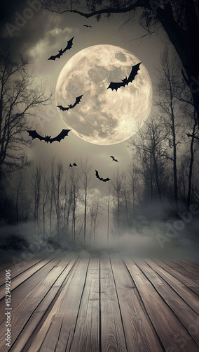 Halloween background in a creepy forest with an empty wooden stage
