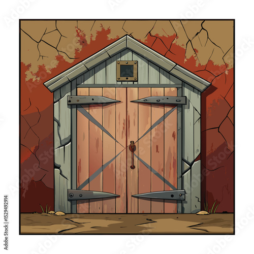 Cartoon Medieval Door with Stone Frame in a Red Cracked Wall