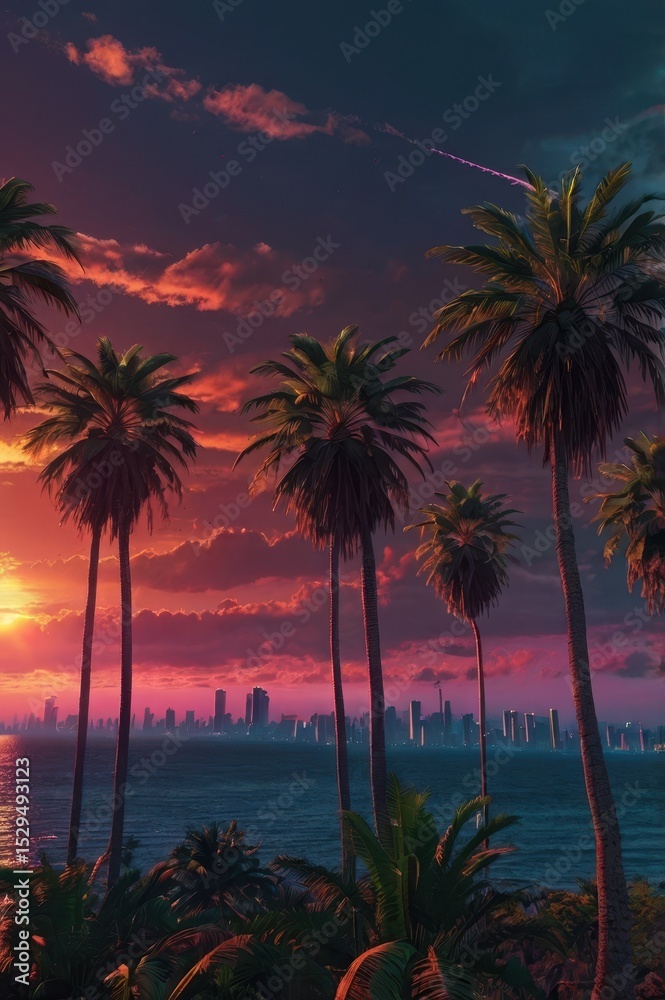 Obraz premium Tropical urban sunset with palm trees and city buildings landscape photography for travel blog tourism marketing and destination promotion